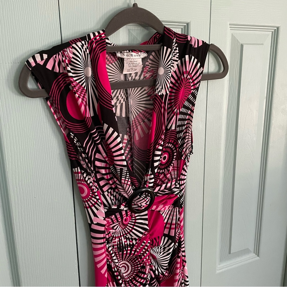 La Belle Y2K Mod Midi Dress Small Deep V-Neck Wide Strap Sleeveless Ruched Retro - Picture 2 of 12